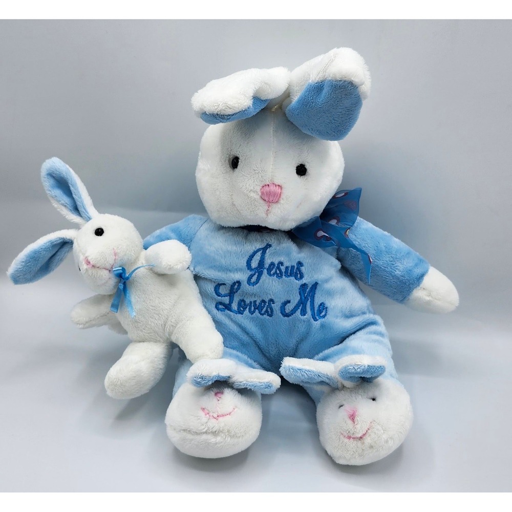 16" Dandee Jesus Loves Me Blue White Singing Plush Bunny Rabbit w/ Baby Works 7